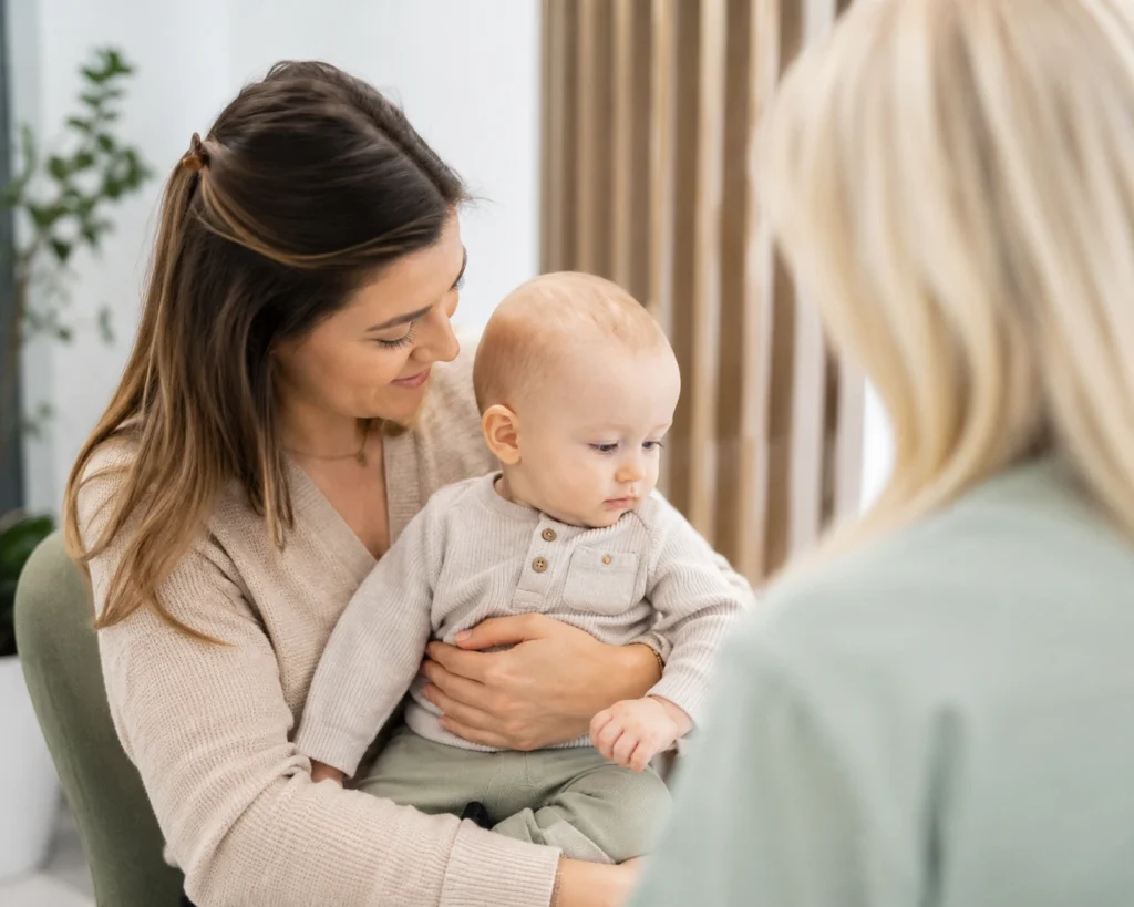Untersuchung eines Babys in der Praxis im Zentrum für Zungenbandbehandlung München, nahe dem Ostpark.